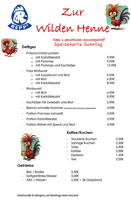 Speisekarte für Sonntag